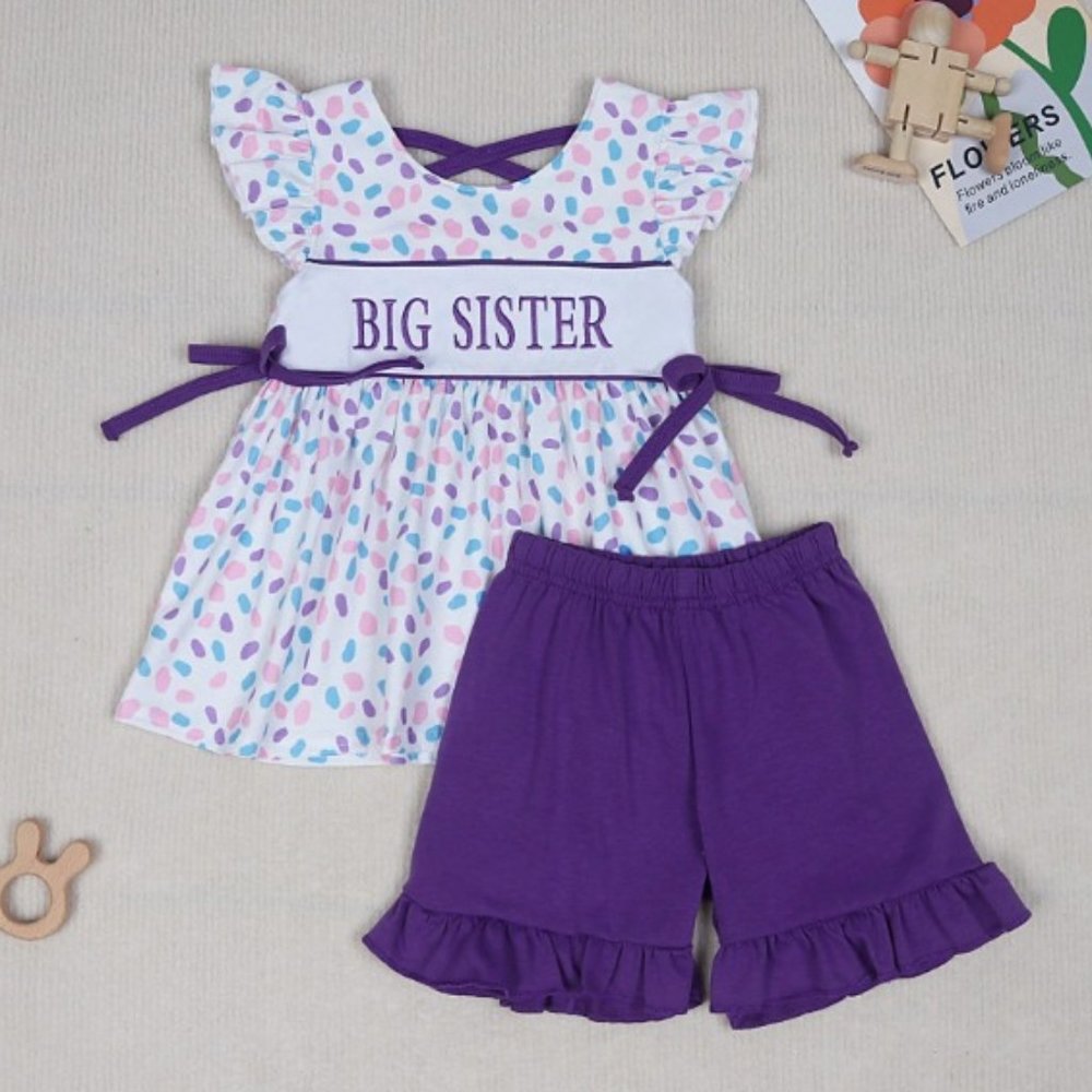 Boutique Girls Big Sister Embroidered Tunic & Shorts Outfit Set